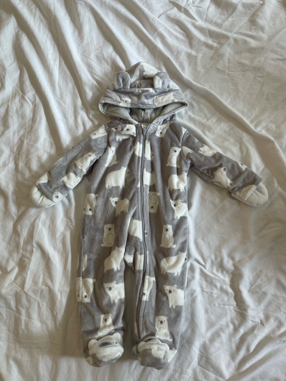 Carter's Grey and White Polar Bear Hooded Fleece Baby One-Piece